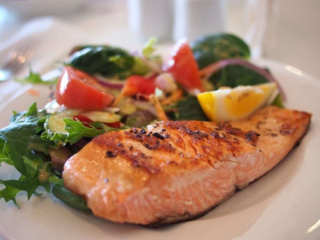 new year's eve, salmon, fish, seafood, veggies, salad, meal, dish, plate, food, nature, cuisine