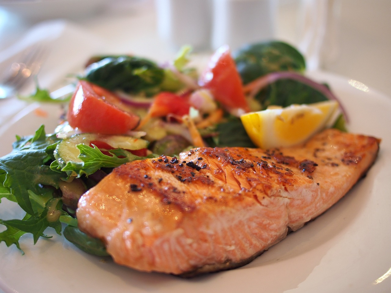 new year's eve, salmon, fish, seafood, veggies, salad, meal, dish, plate, food, nature, cuisine